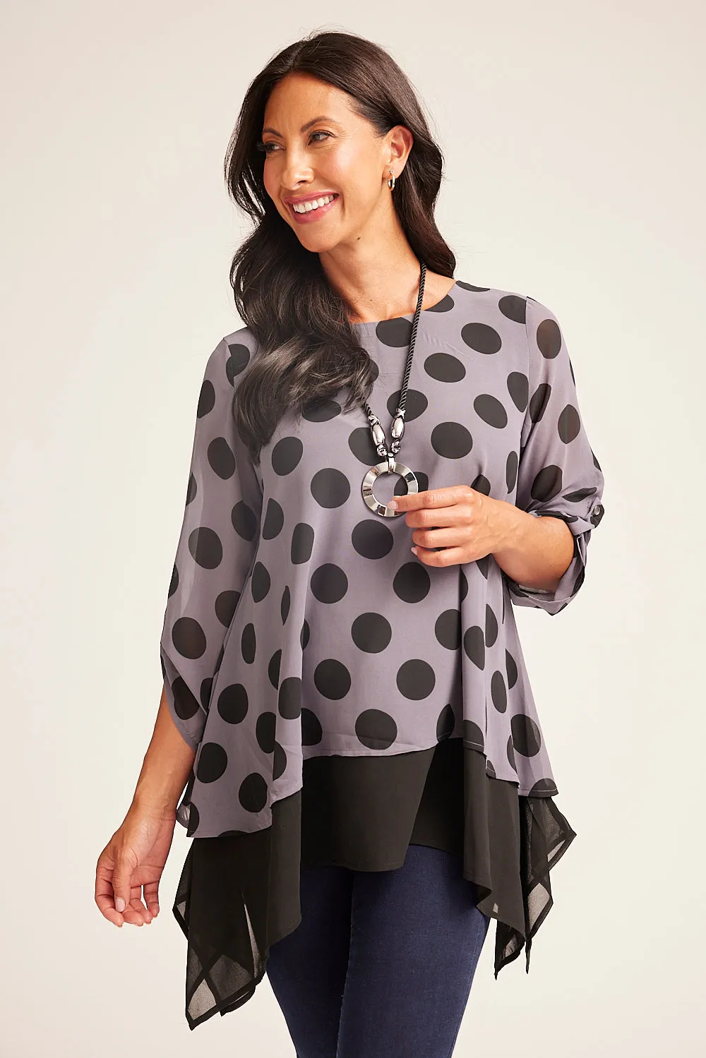 Saloos Spot Print Double Layered Chiffon Top with Necklace