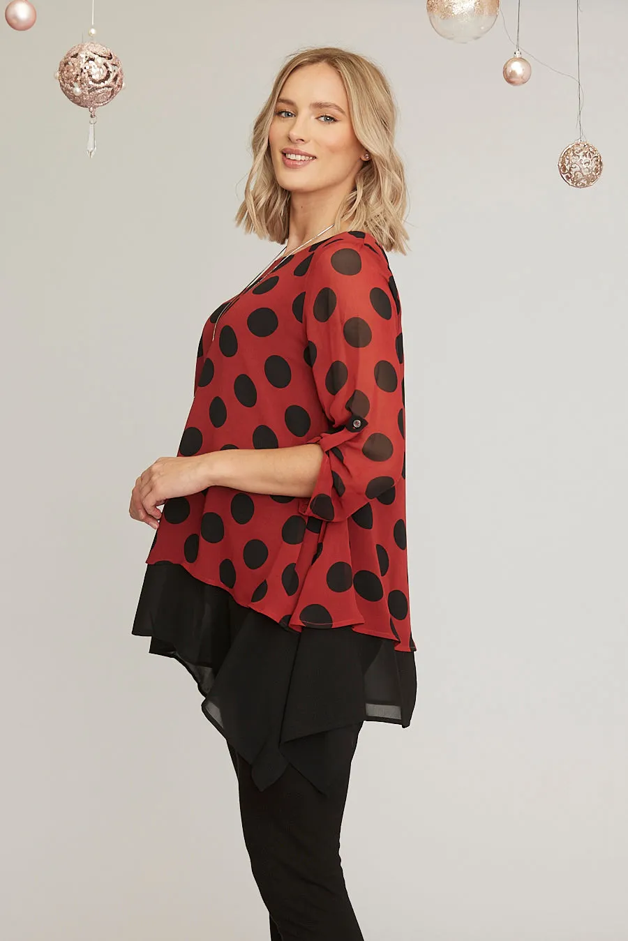 Saloos Spot Print Double Layered Chiffon Top with Necklace