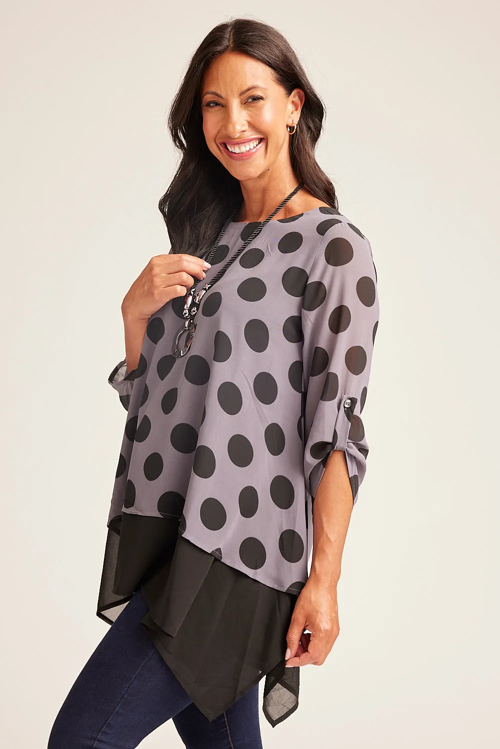 Saloos Spot Print Double Layered Chiffon Top with Necklace