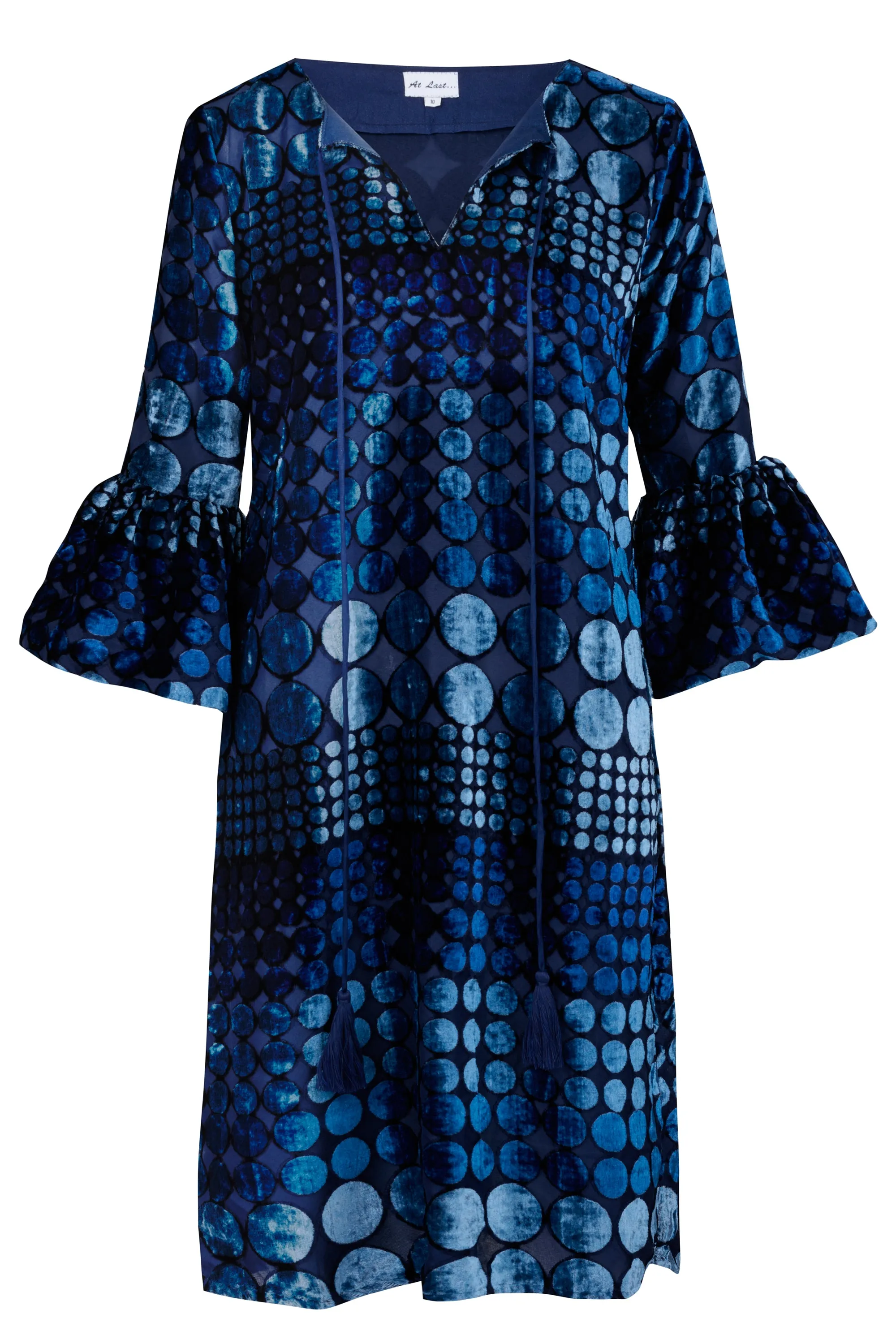 Silk Devore Velvet Belle Tassel Dress in Blue Spot