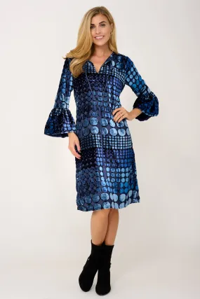 Silk Devore Velvet Belle Tassel Dress in Blue Spot