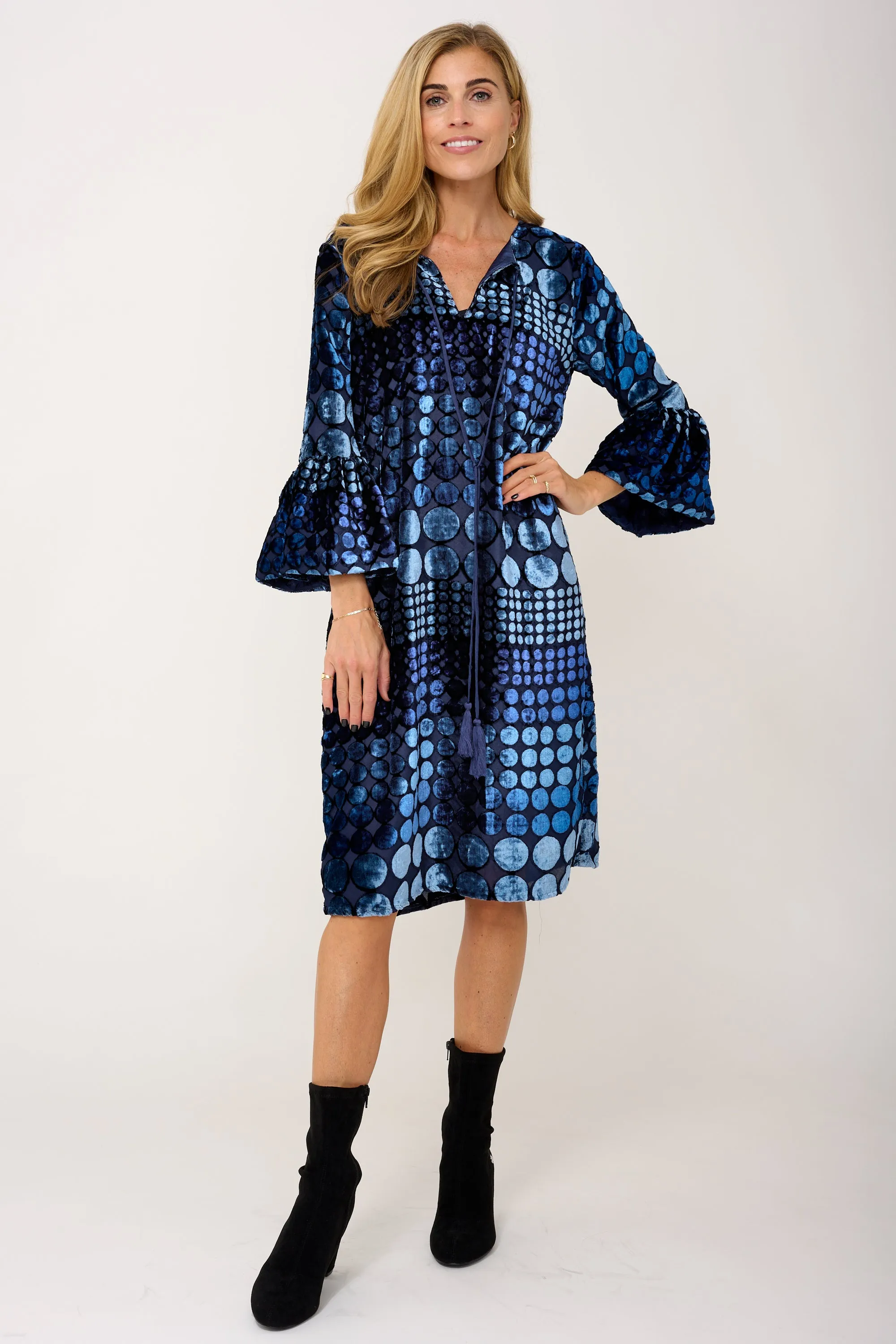 Silk Devore Velvet Belle Tassel Dress in Blue Spot