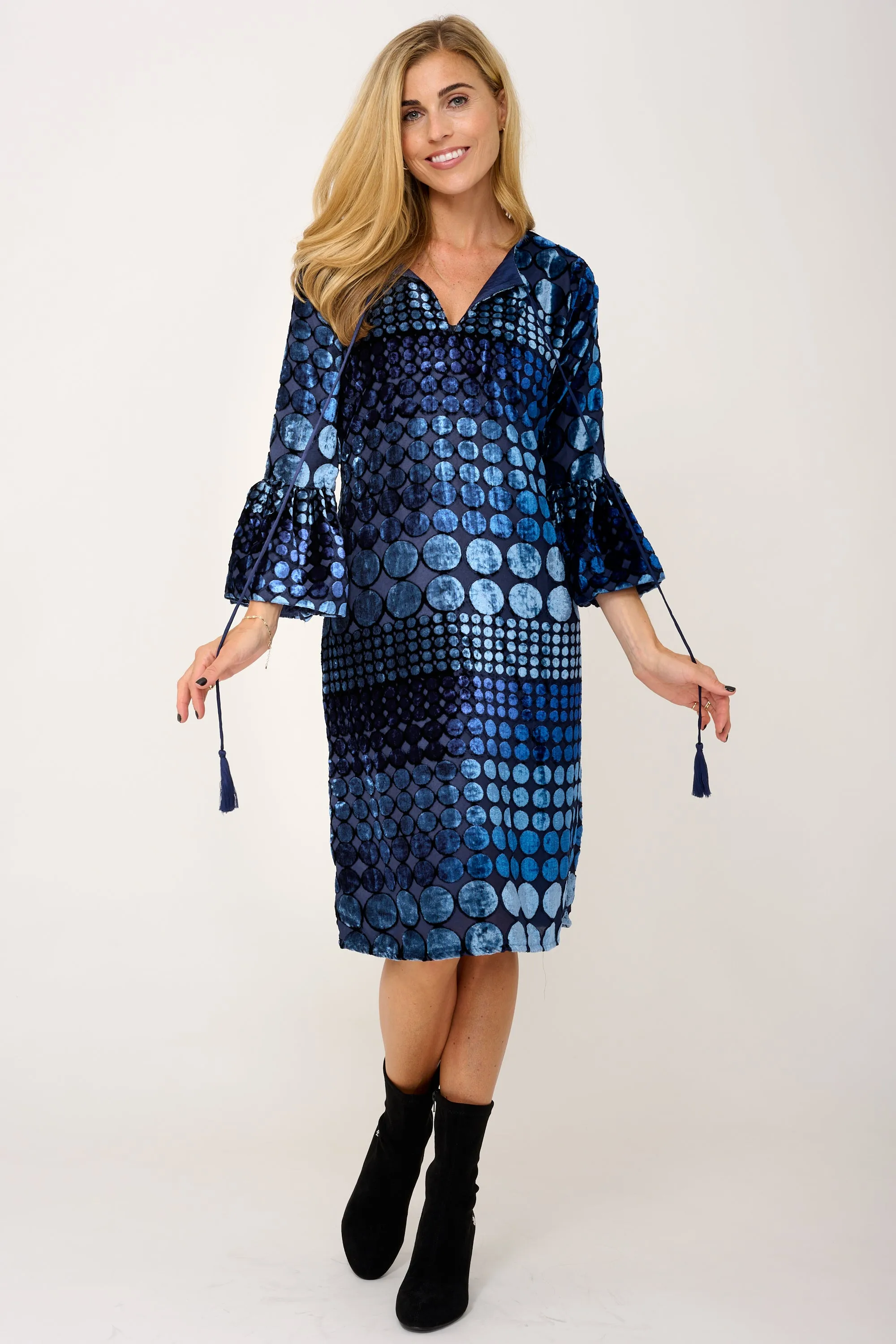 Silk Devore Velvet Belle Tassel Dress in Blue Spot