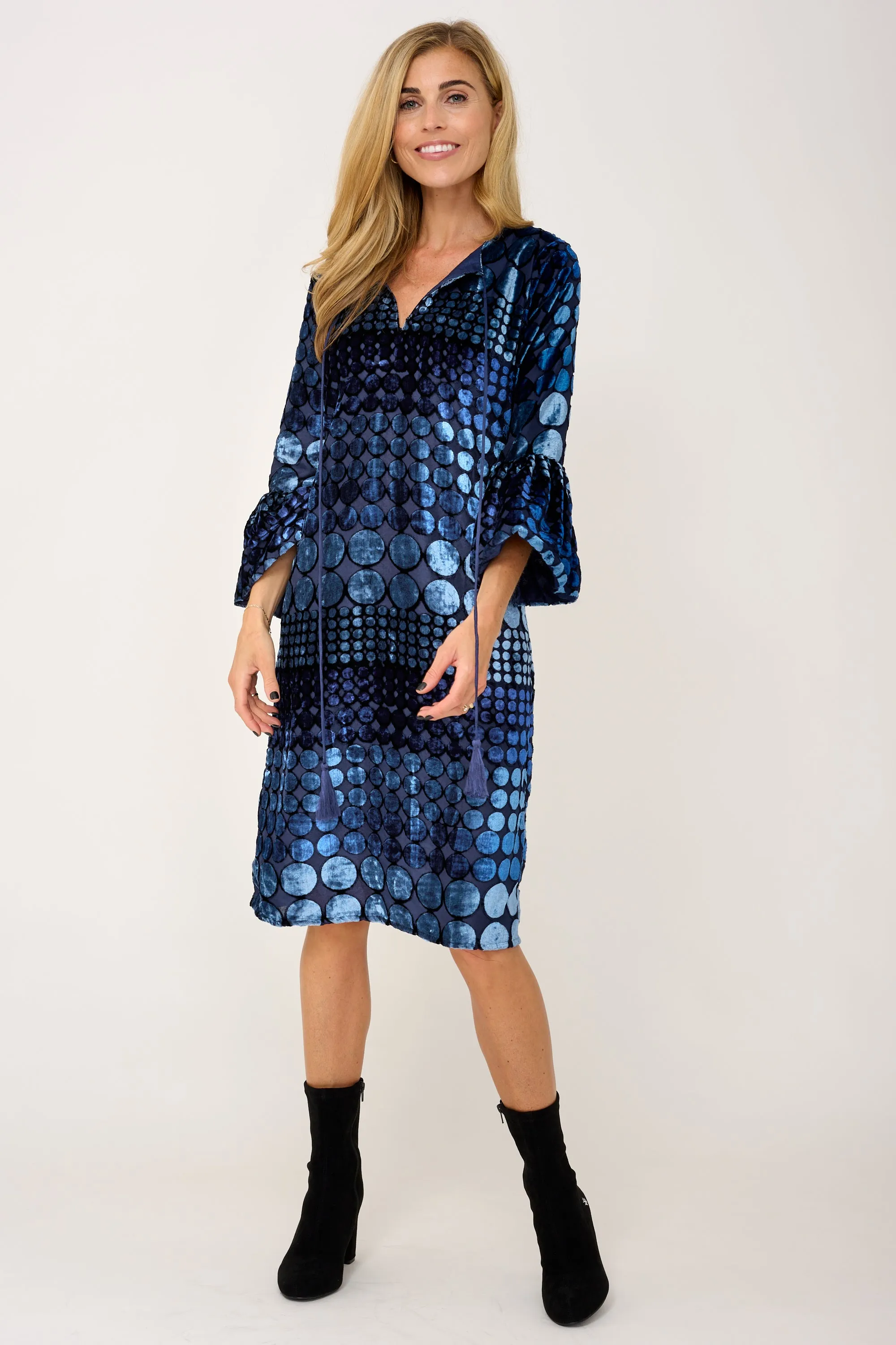 Silk Devore Velvet Belle Tassel Dress in Blue Spot