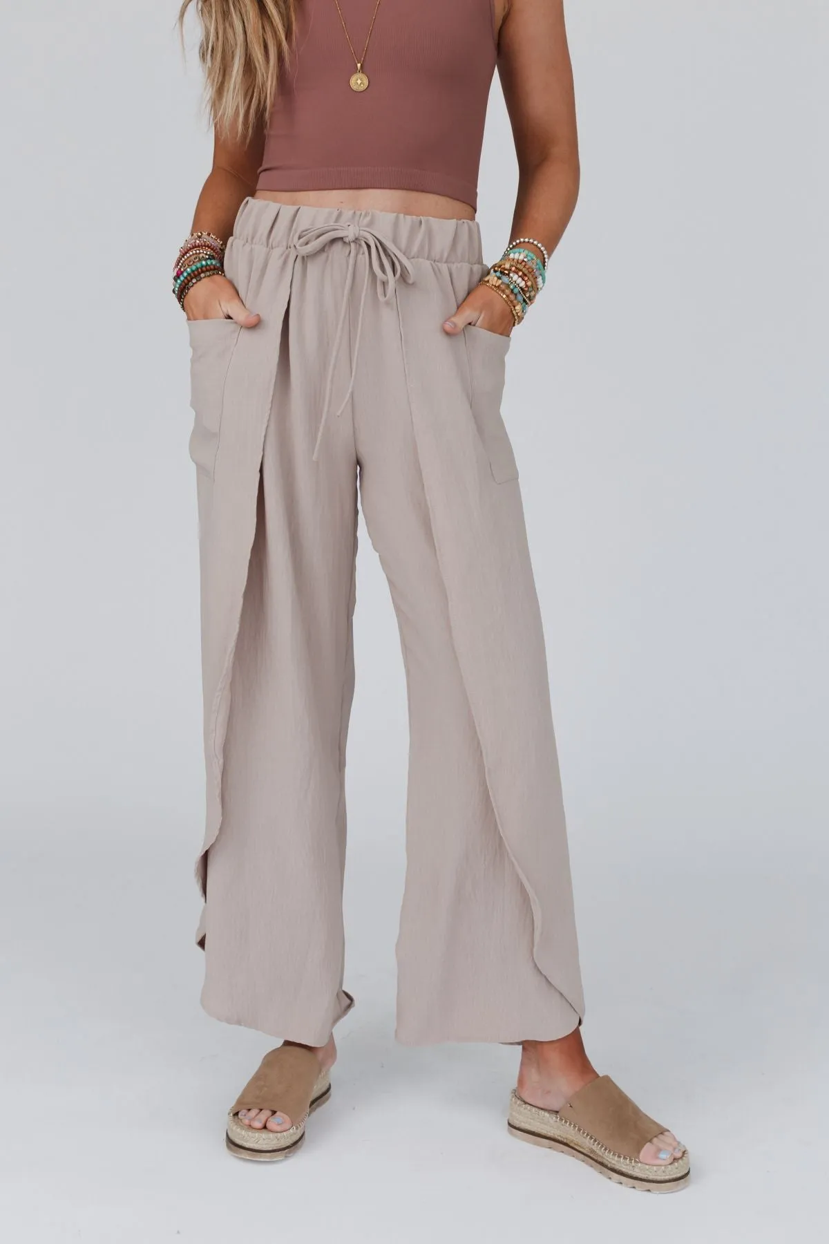 Stasia Solid Drawstring Tulip Pants - Spring Khaki