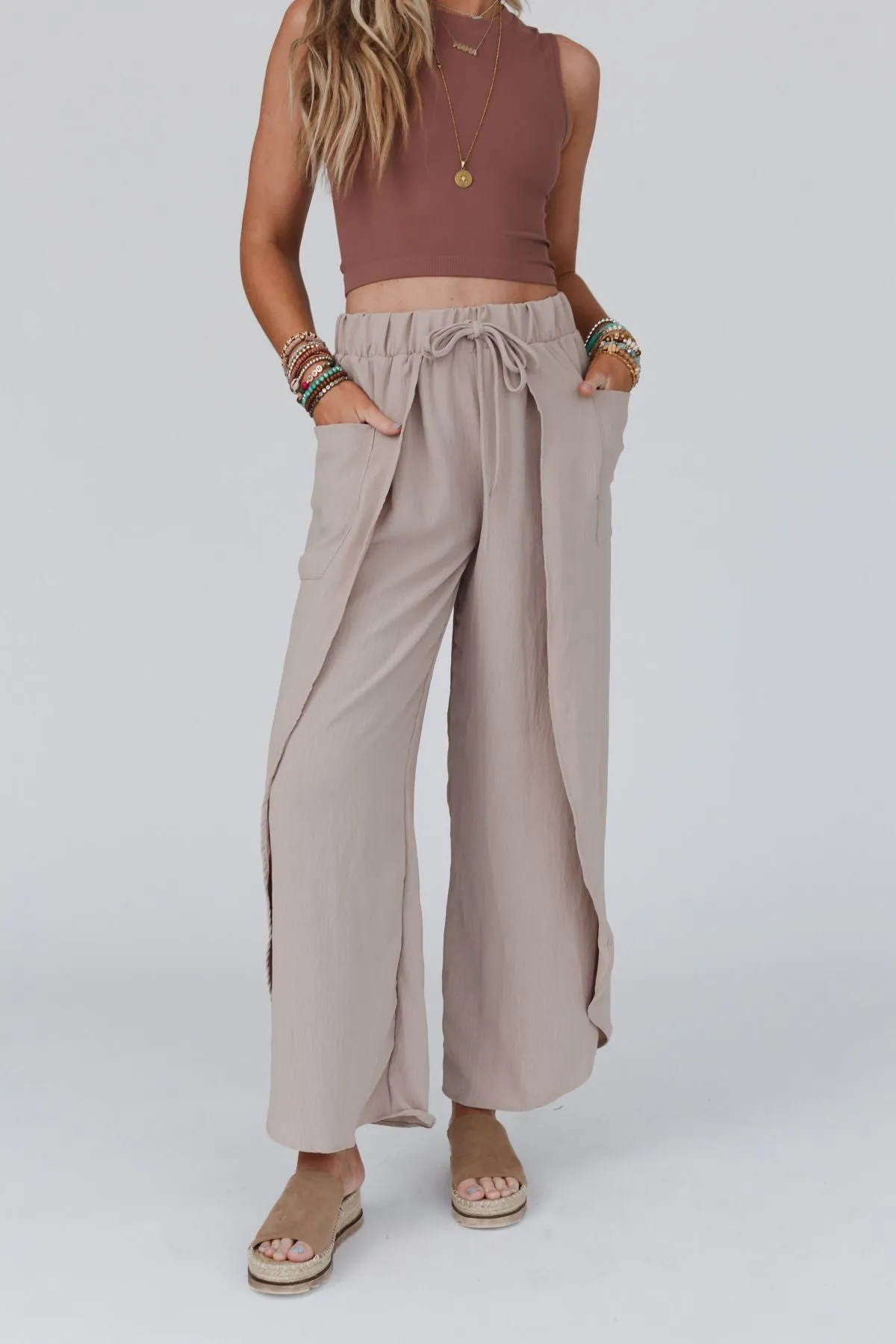 Stasia Solid Drawstring Tulip Pants - Spring Khaki