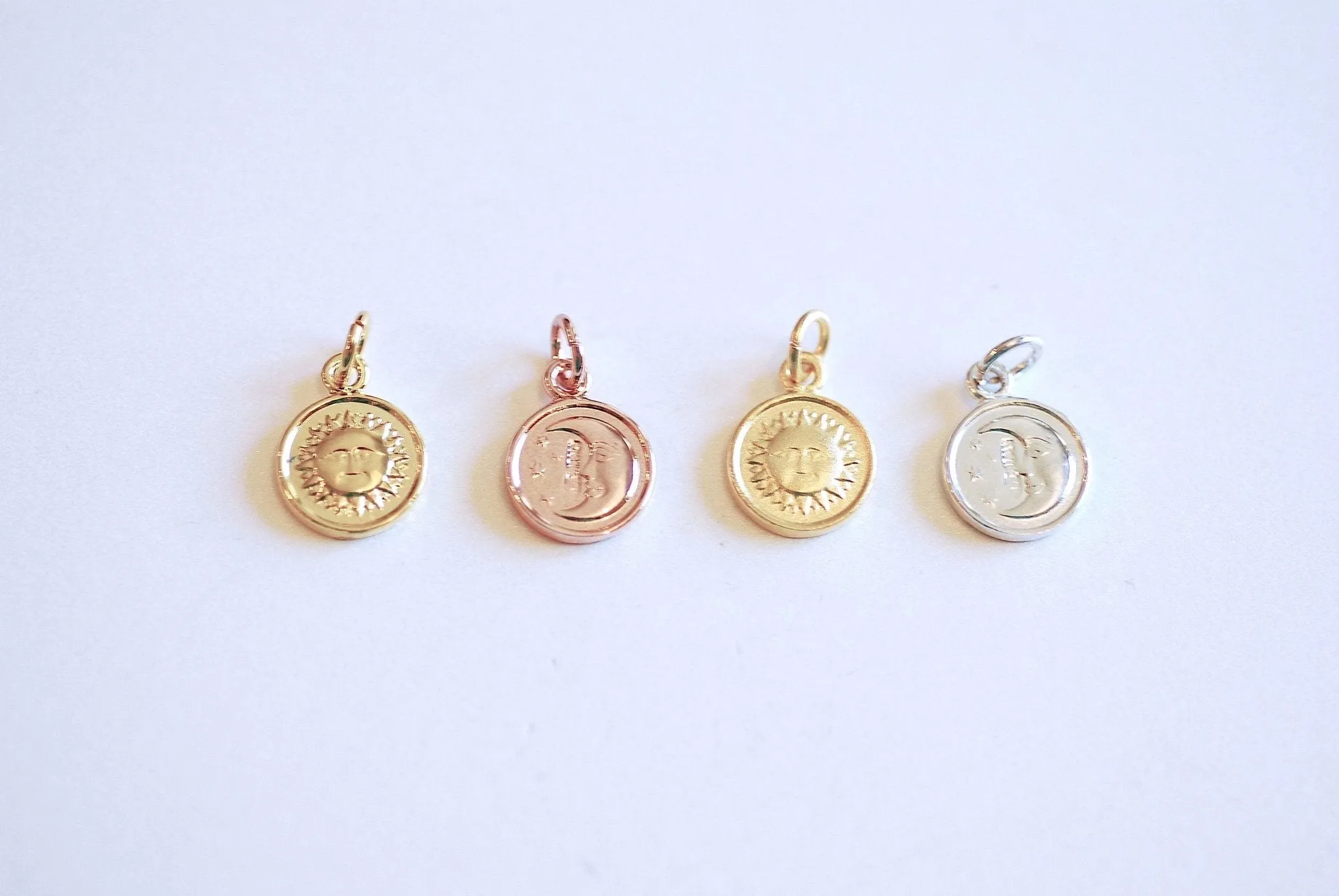 Sun and Wholesale Moon Round Charm- Vermeil Gold, Rose Gold or Sterling Silver, Crescent and Star Round Disc Charm, gold circle tag, half Moon, 155