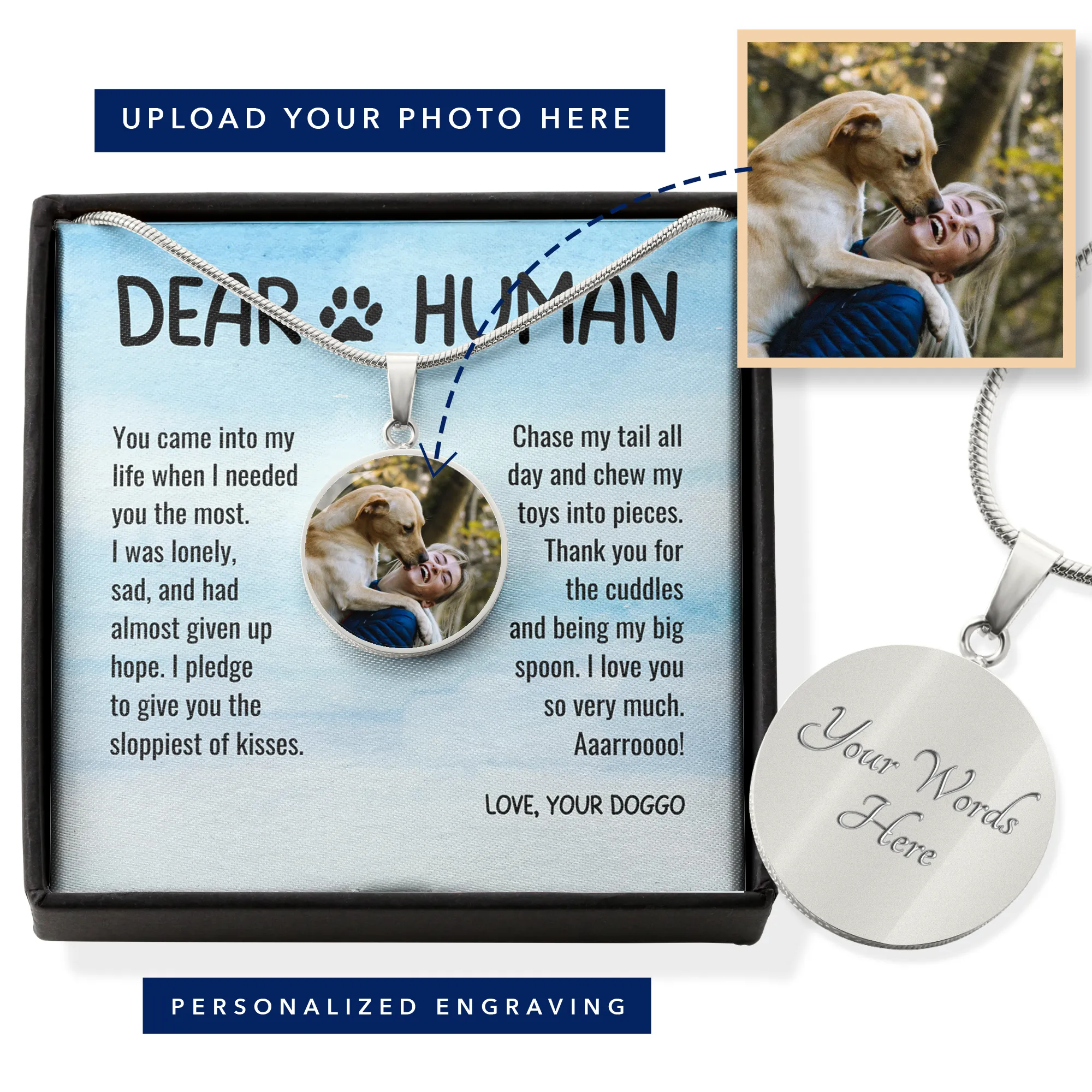 Thank You Dear Human Gratitude from Rescue Dog Adoption Custom Photo Circle Necklace