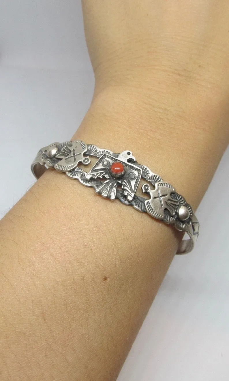 THUNDERBIRD L James Sterling Silver & Coral Hand Stamped Thunderbird Bracelet, Fred Harvey Style