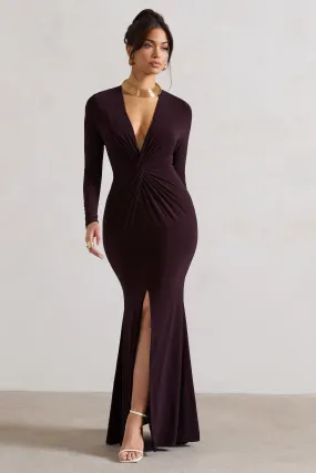 Tianna | Dark Plum Plunge-Neck Twisted Split Maxi Dress