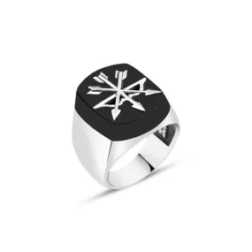 Triple Arrow and Bow on Rectangle Onyx Stone Silver Men's Ring