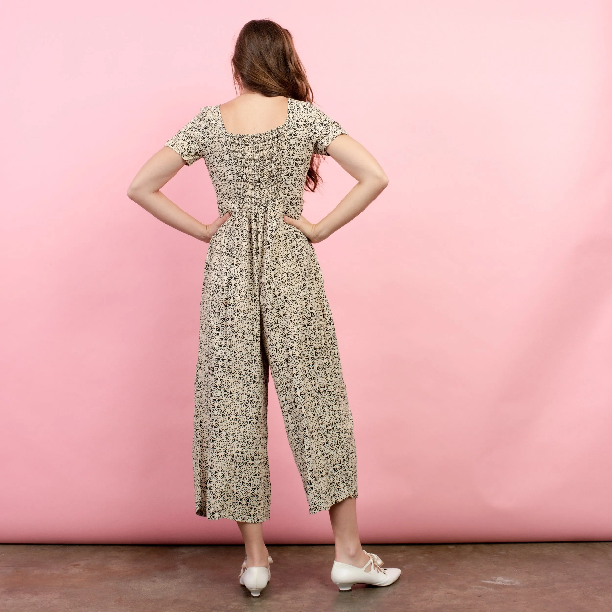 Vintage Beige   Black Abstract Floral Jumpsuit (S/M)