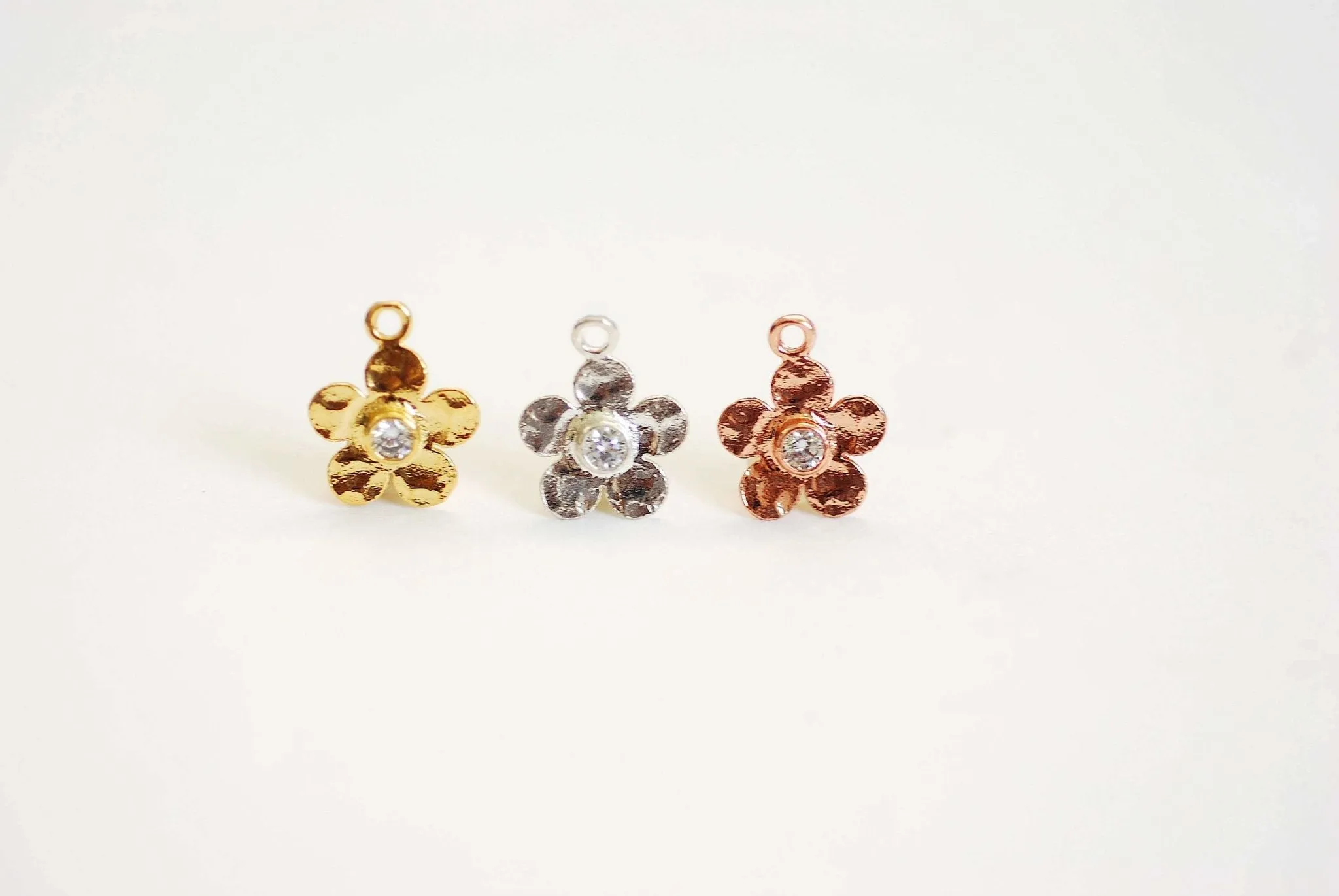 Wholesale Vermeil Gold Hammered Flower with CZ Stone Accent Charm- 22k Gold plated over 925 Sterling Silver, Rose Gold Flower Charm Pendant, Pave, 349