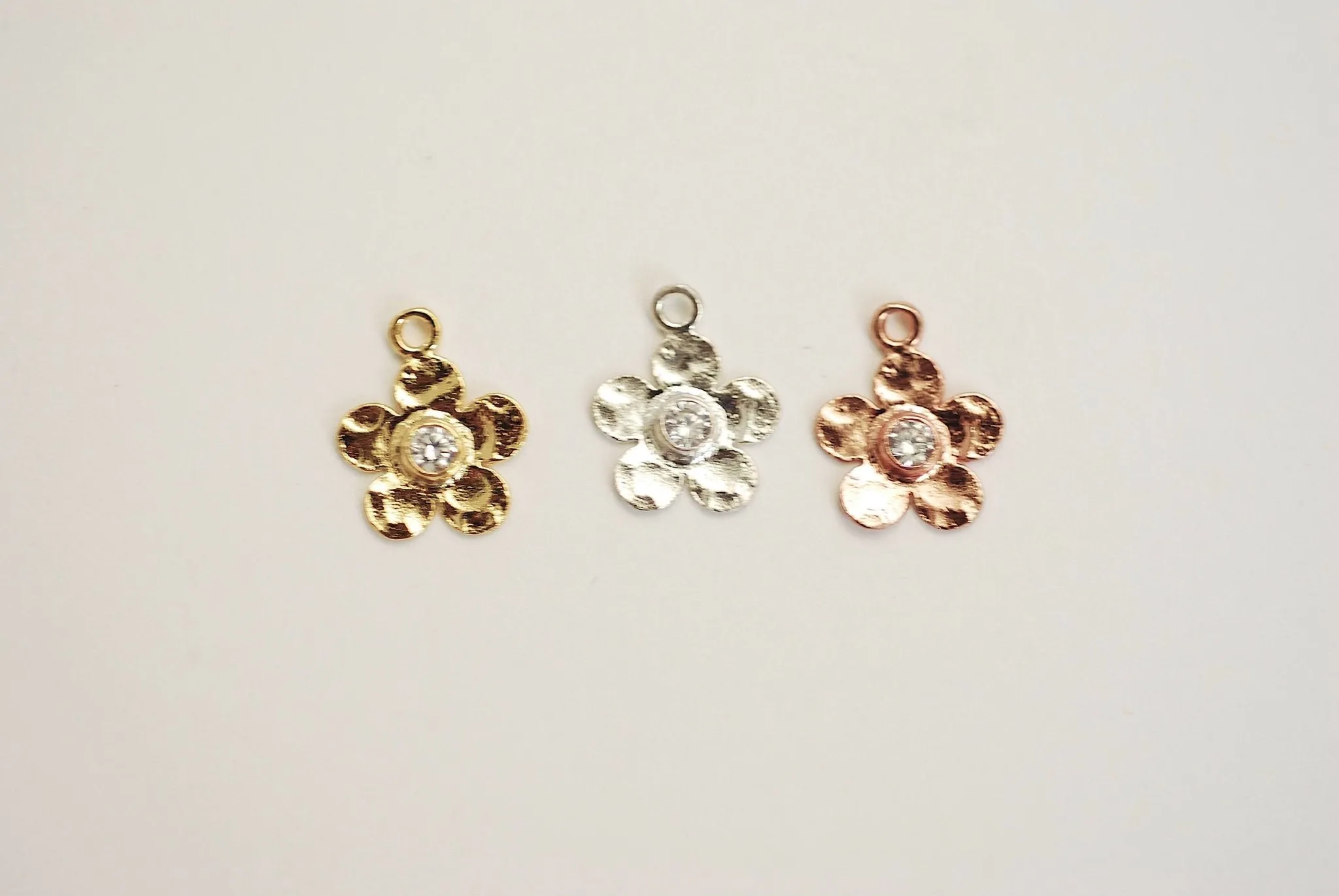 Wholesale Vermeil Gold Hammered Flower with CZ Stone Accent Charm- 22k Gold plated over 925 Sterling Silver, Rose Gold Flower Charm Pendant, Pave, 349