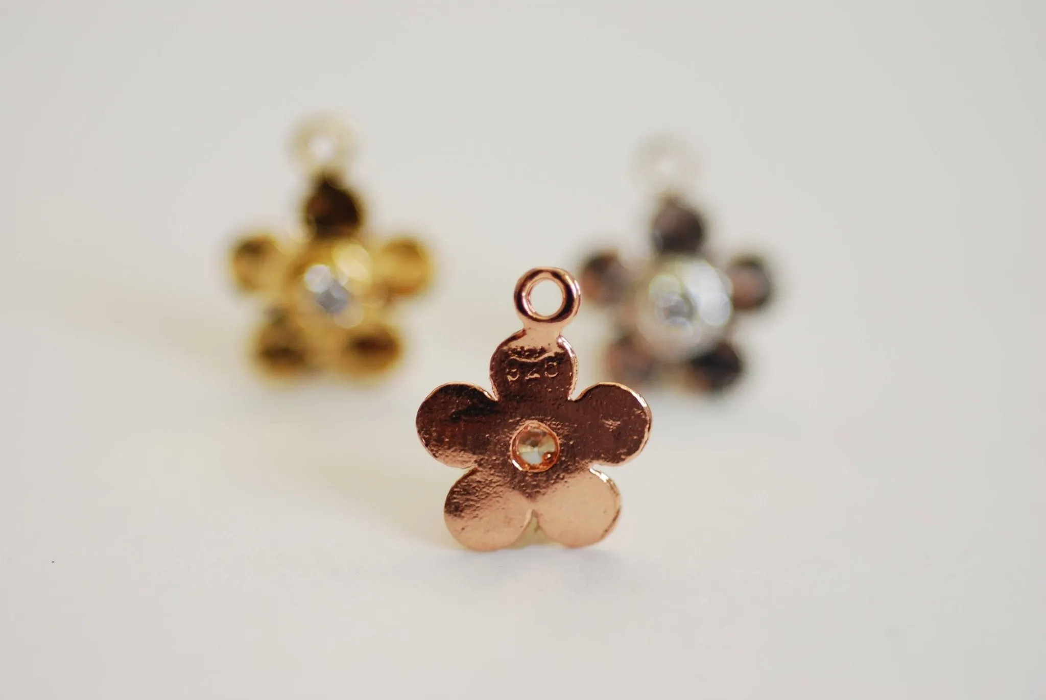 Wholesale Vermeil Gold Hammered Flower with CZ Stone Accent Charm- 22k Gold plated over 925 Sterling Silver, Rose Gold Flower Charm Pendant, Pave, 349