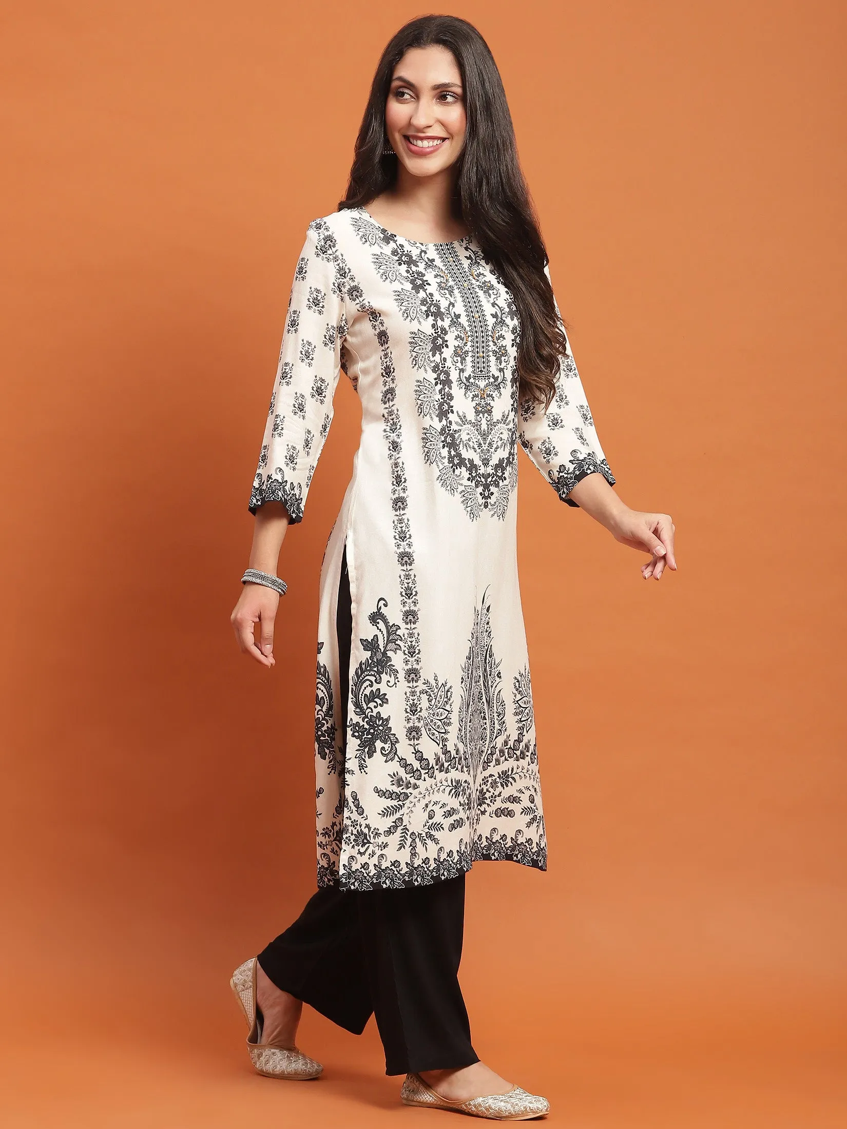 Women Black Floral Print Kurta Comfort Pant Dupatta