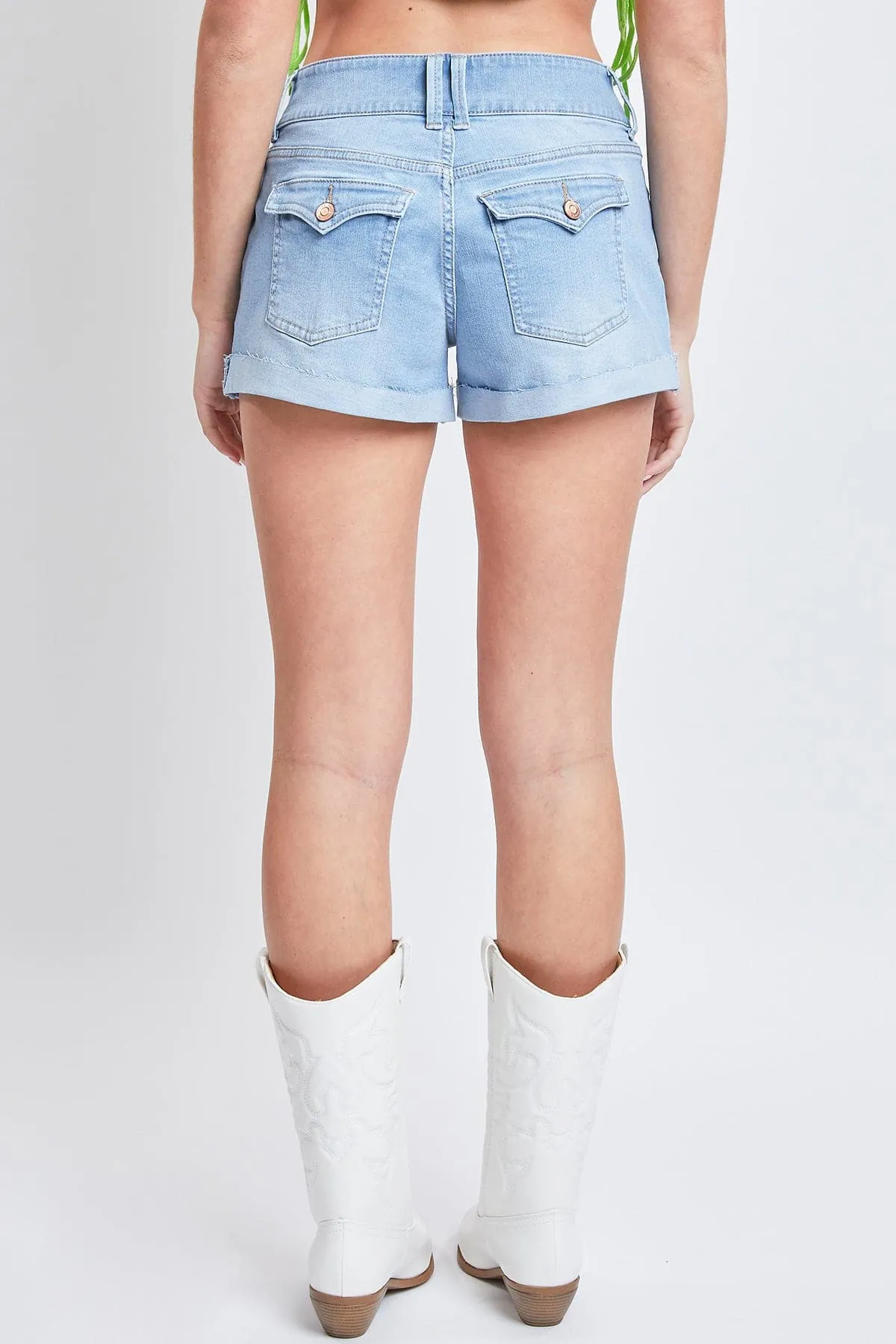 Women's  2-Button Denim Shorts with Flap Back Pockets and Cuffed Hems