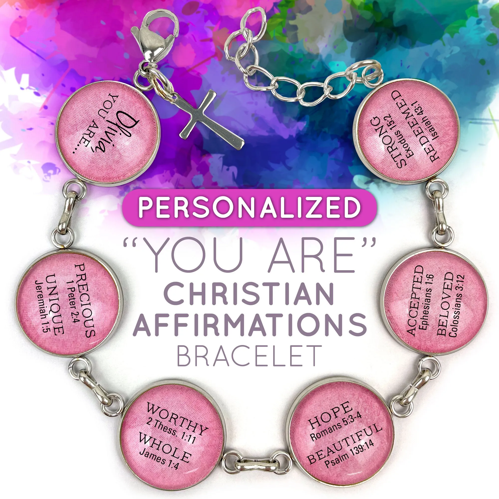 YOU ARE Beautiful, Strong, Precious, Redeemed – Personalized Christian Affirmations Scripture Charm Bracelet